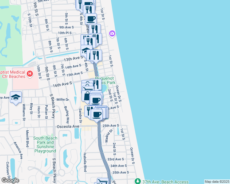 map of restaurants, bars, coffee shops, grocery stores, and more near 1951 Ocean Drive South in Jacksonville Beach