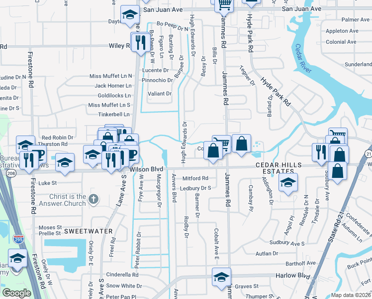 map of restaurants, bars, coffee shops, grocery stores, and more near 2607 Hugh Edwards Drive in Jacksonville