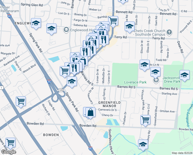 map of restaurants, bars, coffee shops, grocery stores, and more near 2920 Loran Drive North in Jacksonville