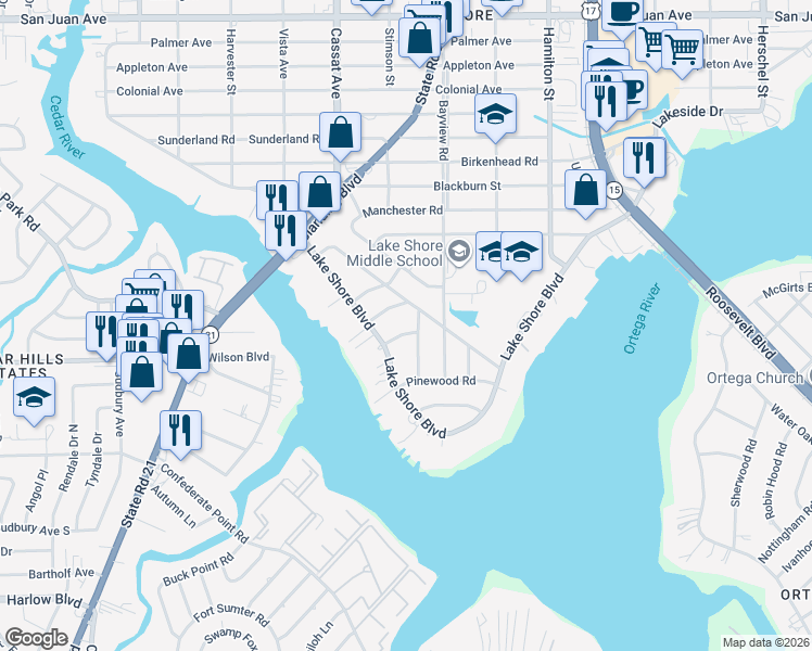 map of restaurants, bars, coffee shops, grocery stores, and more near 4743 Boxwood Road in Jacksonville