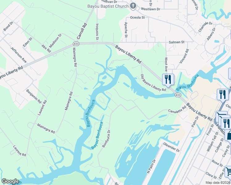 map of restaurants, bars, coffee shops, grocery stores, and more near 136 Bywater Drive in Slidell