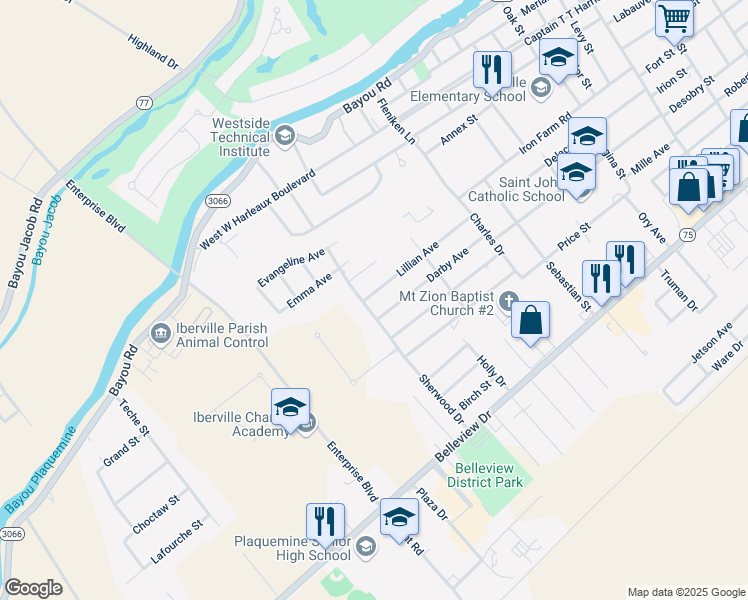 map of restaurants, bars, coffee shops, grocery stores, and more near 59175 Lillian Avenue in Plaquemine