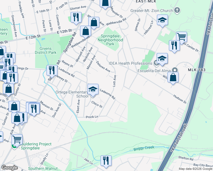 map of restaurants, bars, coffee shops, grocery stores, and more near 5230 Ledesma Road in Austin