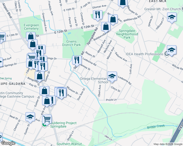 map of restaurants, bars, coffee shops, grocery stores, and more near 1127 Mark Street in Austin