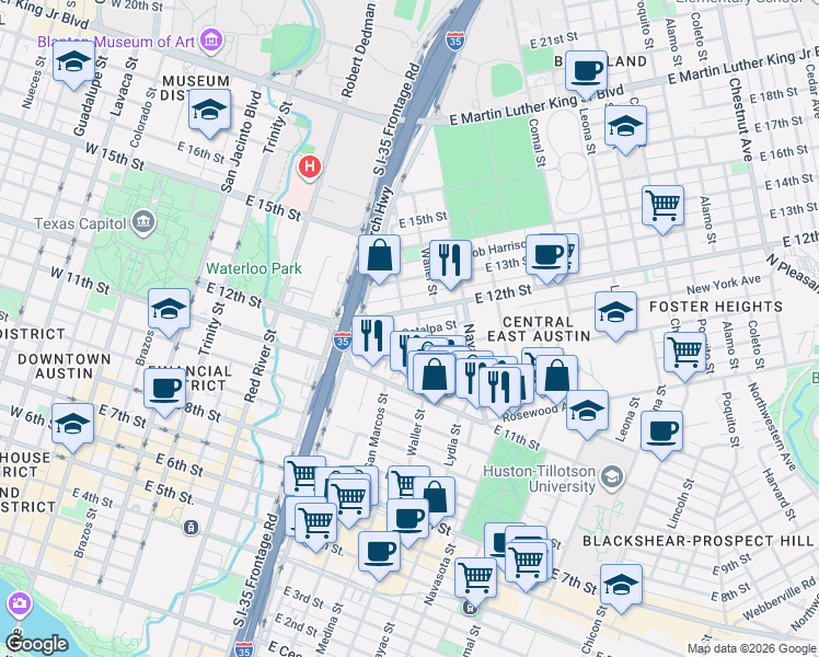 map of restaurants, bars, coffee shops, grocery stores, and more near 1001 Catalpa Street in Austin