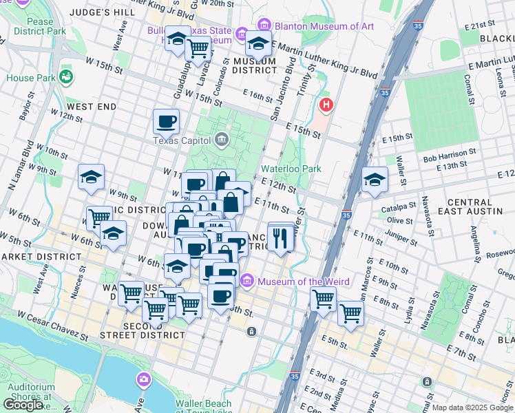 map of restaurants, bars, coffee shops, grocery stores, and more near 1101 San Jacinto Boulevard in Austin