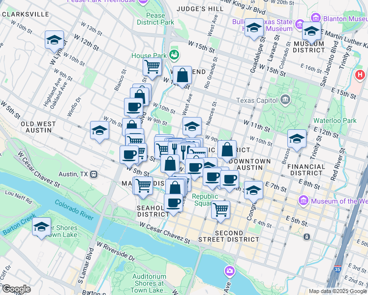 map of restaurants, bars, coffee shops, grocery stores, and more near 706 Rio Grande Street in Austin