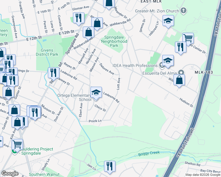 map of restaurants, bars, coffee shops, grocery stores, and more near 5230 Ledesma Road in Austin