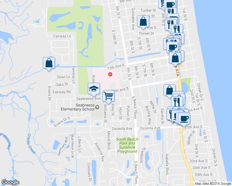 map of restaurants, bars, coffee shops, grocery stores, and more near 1104 16th Avenue South in Jacksonville