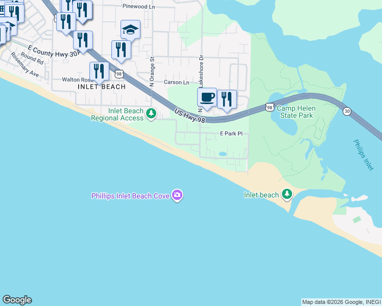 map of restaurants, bars, coffee shops, grocery stores, and more near 62 Emerald Cove Lane South in Rosemary Beach