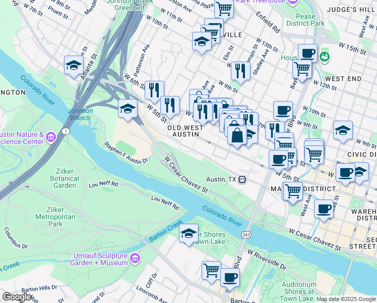 map of restaurants, bars, coffee shops, grocery stores, and more near 300 Pressler Street in Austin