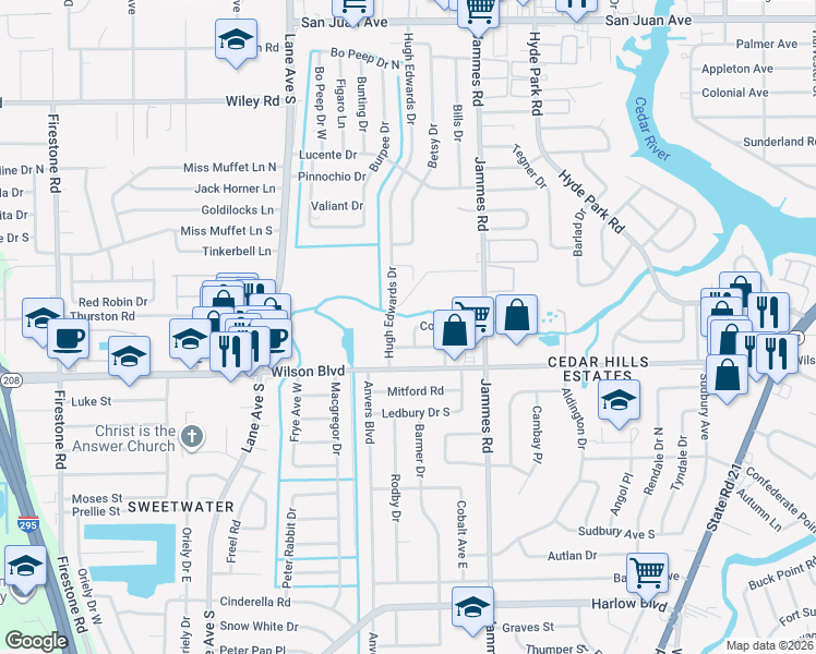 map of restaurants, bars, coffee shops, grocery stores, and more near 6533 Cooper Lane in Jacksonville