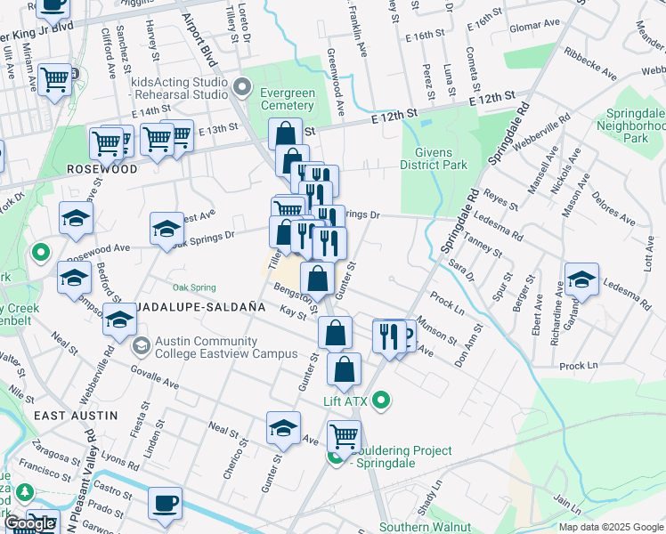 map of restaurants, bars, coffee shops, grocery stores, and more near 1143 Airport Boulevard in Austin