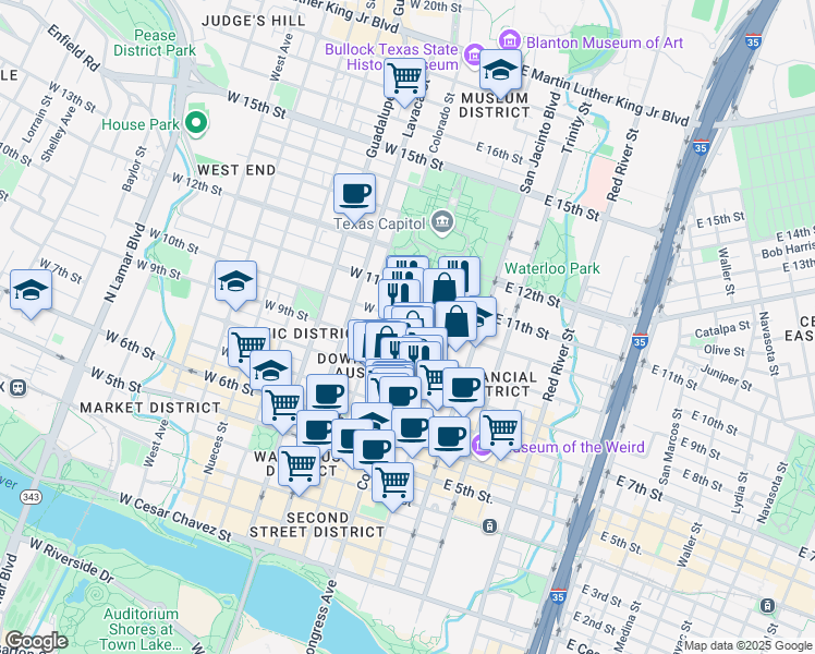 map of restaurants, bars, coffee shops, grocery stores, and more near 920 Congress Avenue in Austin