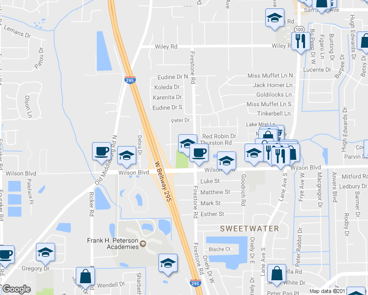 map of restaurants, bars, coffee shops, grocery stores, and more near 7134 Thurston Road in Jacksonville