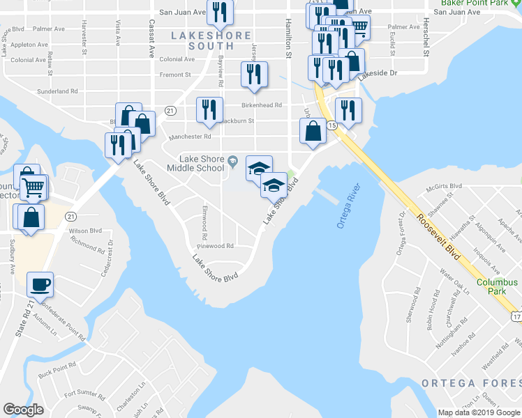 map of restaurants, bars, coffee shops, grocery stores, and more near 3257 Lake Shore Boulevard in Jacksonville