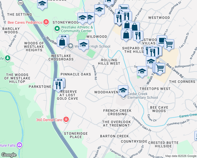 map of restaurants, bars, coffee shops, grocery stores, and more near 3604 Pinnacle Road in Austin