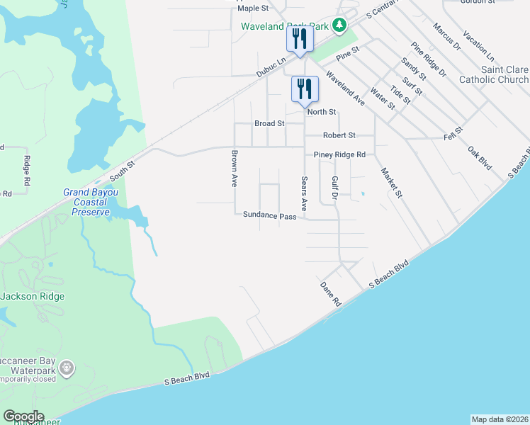 map of restaurants, bars, coffee shops, grocery stores, and more near 105 Sundance Pass in Waveland