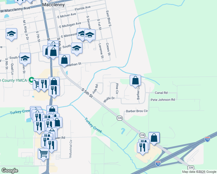 map of restaurants, bars, coffee shops, grocery stores, and more near 1207 Pine Circle in Macclenny