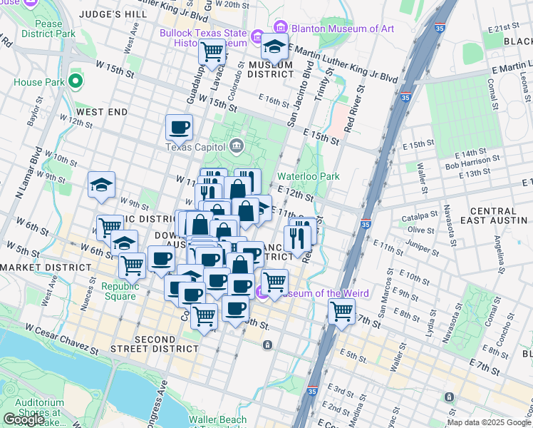 map of restaurants, bars, coffee shops, grocery stores, and more near 1101 San Jacinto Boulevard in Austin