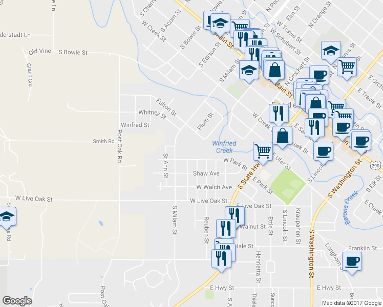 map of restaurants, bars, coffee shops, grocery stores, and more near 314 West Park Street in Fredericksburg