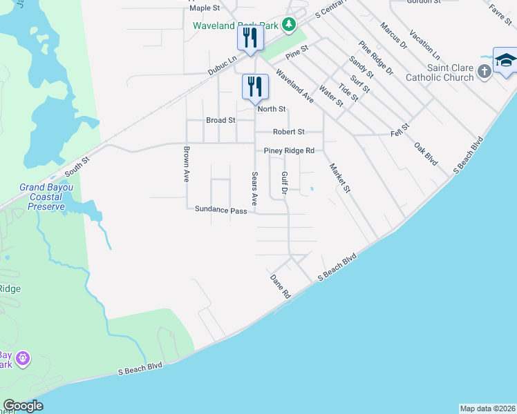 map of restaurants, bars, coffee shops, grocery stores, and more near 101 Sundance Pass in Waveland