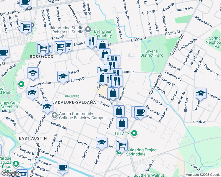 map of restaurants, bars, coffee shops, grocery stores, and more near 1144 Airport Boulevard in Austin