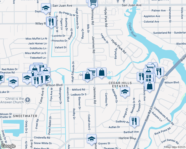 map of restaurants, bars, coffee shops, grocery stores, and more near 6438 Cooper Lane in Jacksonville