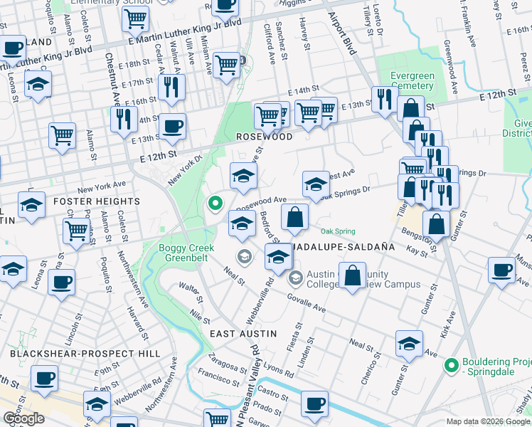 map of restaurants, bars, coffee shops, grocery stores, and more near 905 Bedford Street in Austin