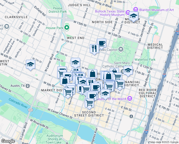 map of restaurants, bars, coffee shops, grocery stores, and more near 810 Guadalupe Street in Austin