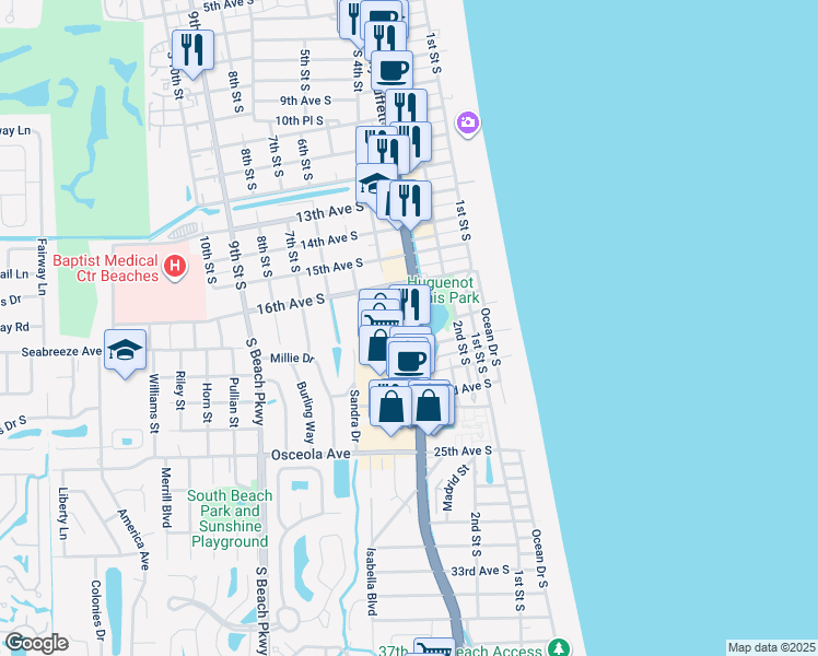 map of restaurants, bars, coffee shops, grocery stores, and more near 1740 3rd Street South in Jacksonville Beach