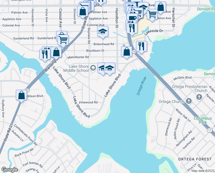 map of restaurants, bars, coffee shops, grocery stores, and more near 3257 Lake Shore Boulevard in Jacksonville