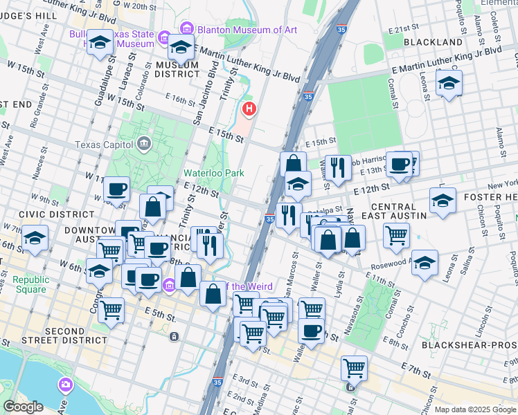 map of restaurants, bars, coffee shops, grocery stores, and more near 735 East 12th Street in Austin