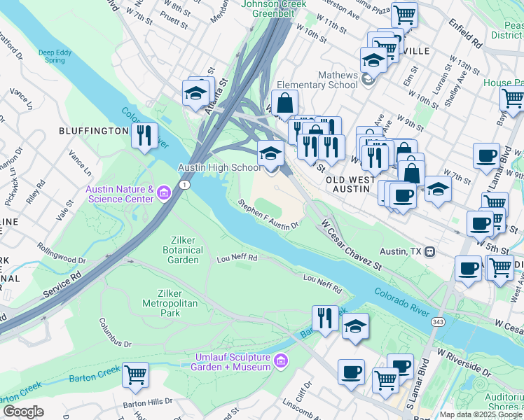 map of restaurants, bars, coffee shops, grocery stores, and more near 1717 West Cesar Chavez Street in Austin
