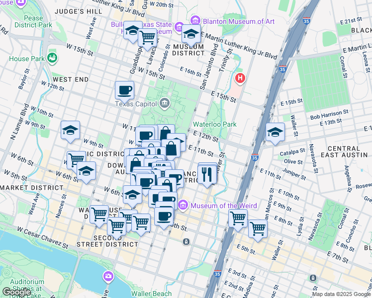 map of restaurants, bars, coffee shops, grocery stores, and more near 1101 San Jacinto Boulevard in Austin