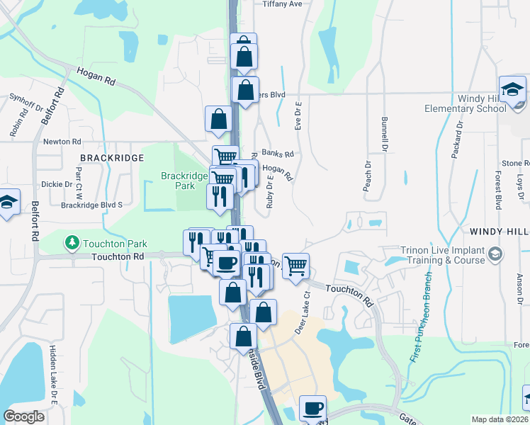 map of restaurants, bars, coffee shops, grocery stores, and more near 4183 Ruby Drive West in Jacksonville
