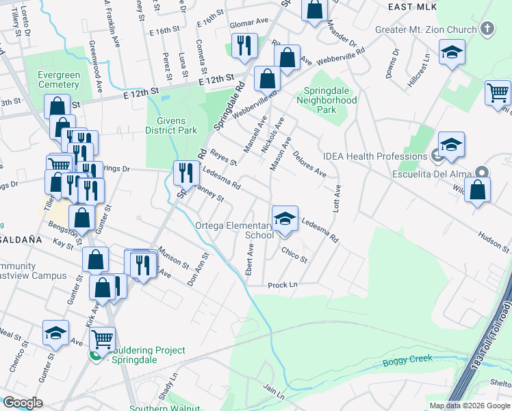 map of restaurants, bars, coffee shops, grocery stores, and more near 1150 Richardine Avenue in Austin
