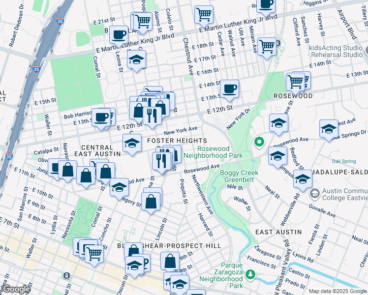 map of restaurants, bars, coffee shops, grocery stores, and more near 1162 Alamo Street in Austin