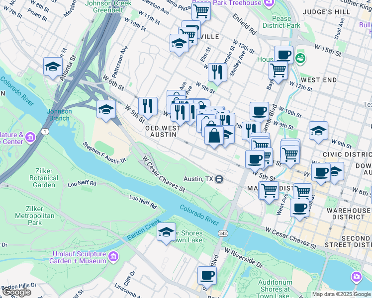 map of restaurants, bars, coffee shops, grocery stores, and more near 401 Orchard Street in Austin