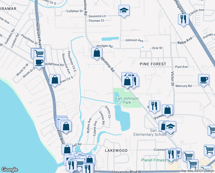 map of restaurants, bars, coffee shops, grocery stores, and more near 2139 Maude Court in Jacksonville