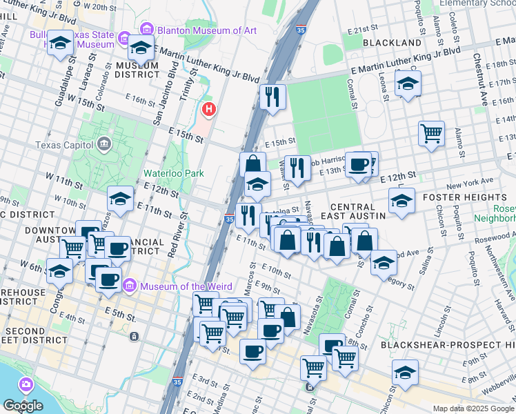 map of restaurants, bars, coffee shops, grocery stores, and more near 901 East 12th Street in Austin