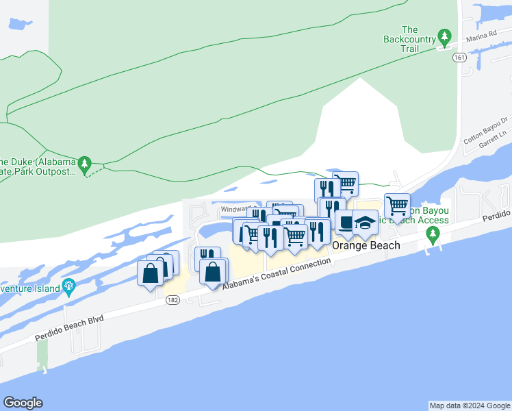 map of restaurants, bars, coffee shops, grocery stores, and more near 25213 Windward Place in Orange Beach