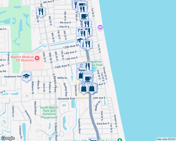 map of restaurants, bars, coffee shops, grocery stores, and more near 1740 3rd Street South in Jacksonville Beach