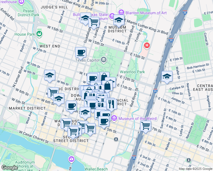 map of restaurants, bars, coffee shops, grocery stores, and more near Brazos Street in Austin