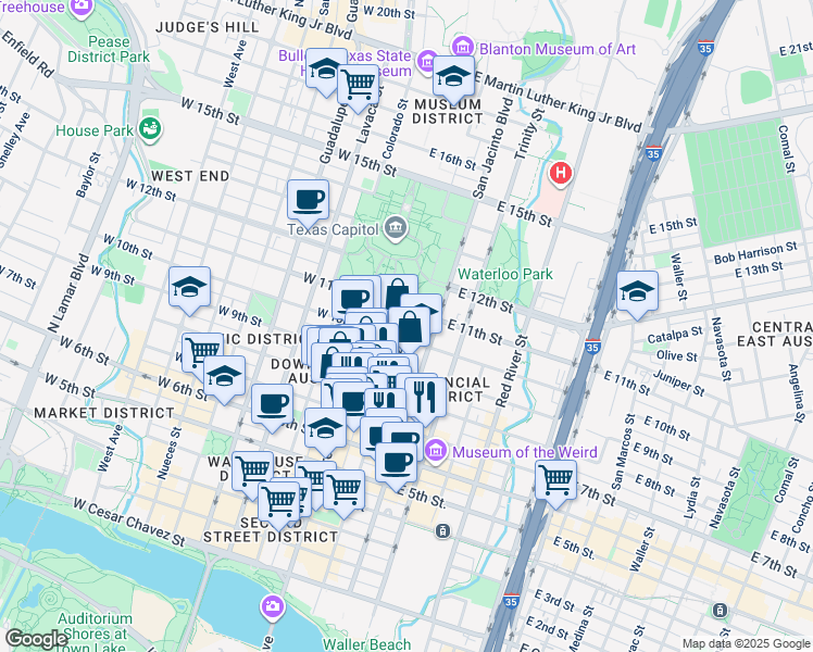 map of restaurants, bars, coffee shops, grocery stores, and more near 201 East 11th Street in Austin