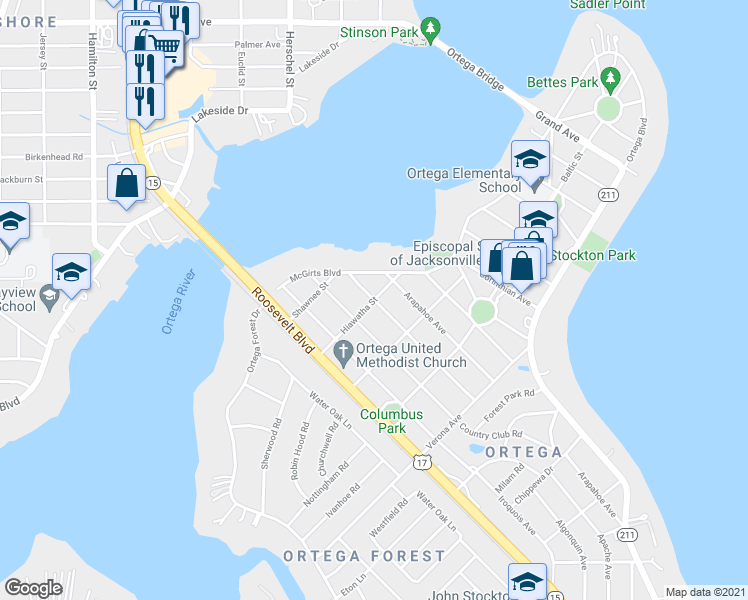 map of restaurants, bars, coffee shops, grocery stores, and more near Apache Ave & Hiawatha St in Jacksonville