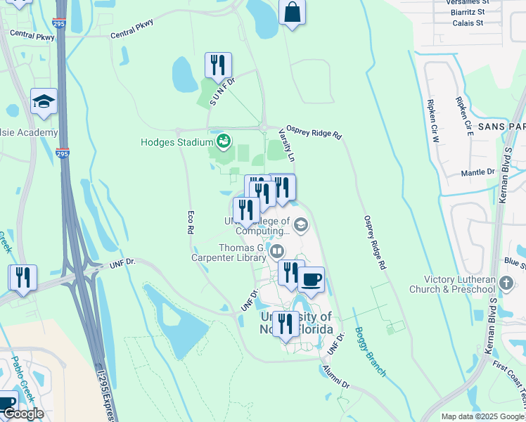 map of restaurants, bars, coffee shops, grocery stores, and more near 1 University of North Fl Drive in Jacksonville