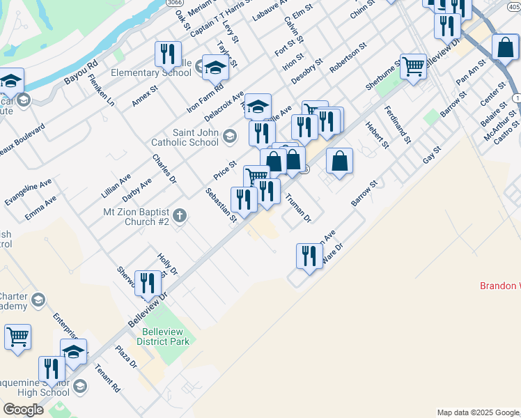 map of restaurants, bars, coffee shops, grocery stores, and more near 58744 Louisiana 75 in Plaquemine