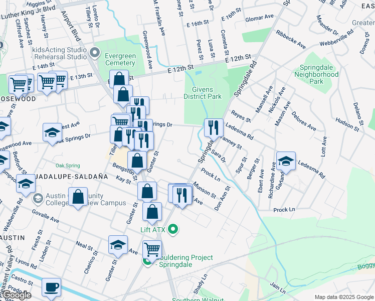 map of restaurants, bars, coffee shops, grocery stores, and more near 1050 Springdale Road in Austin