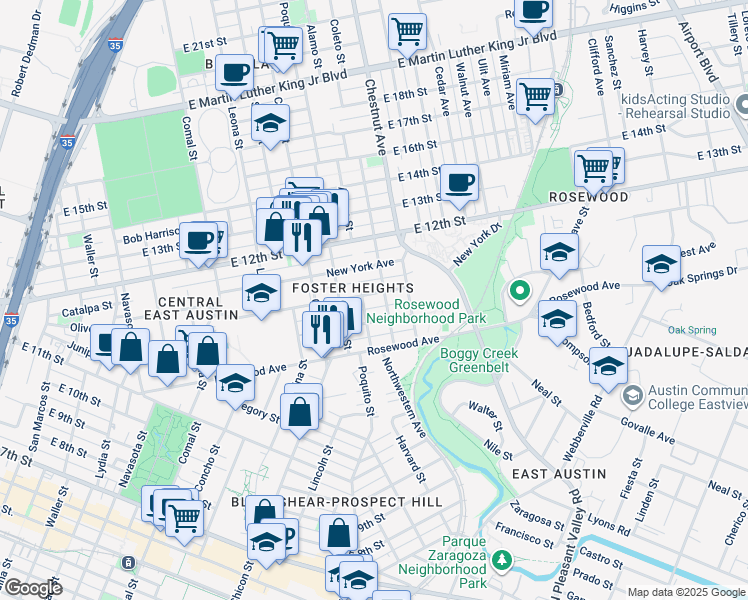 map of restaurants, bars, coffee shops, grocery stores, and more near 1162 Alamo Street in Austin